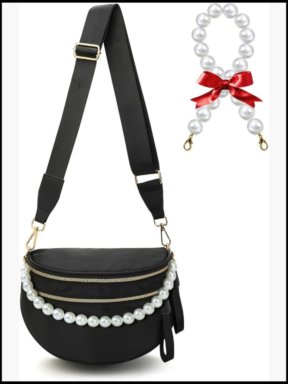 Checkered Crossbody Bags for Women Nylon Waist Pack Pearl Chain Shoulder Bag